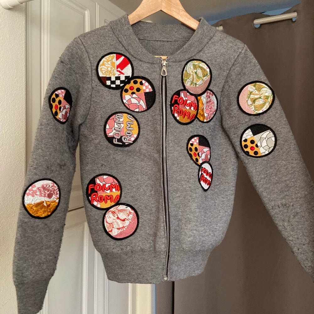 Gray comfy stretch bomber jacket with patches